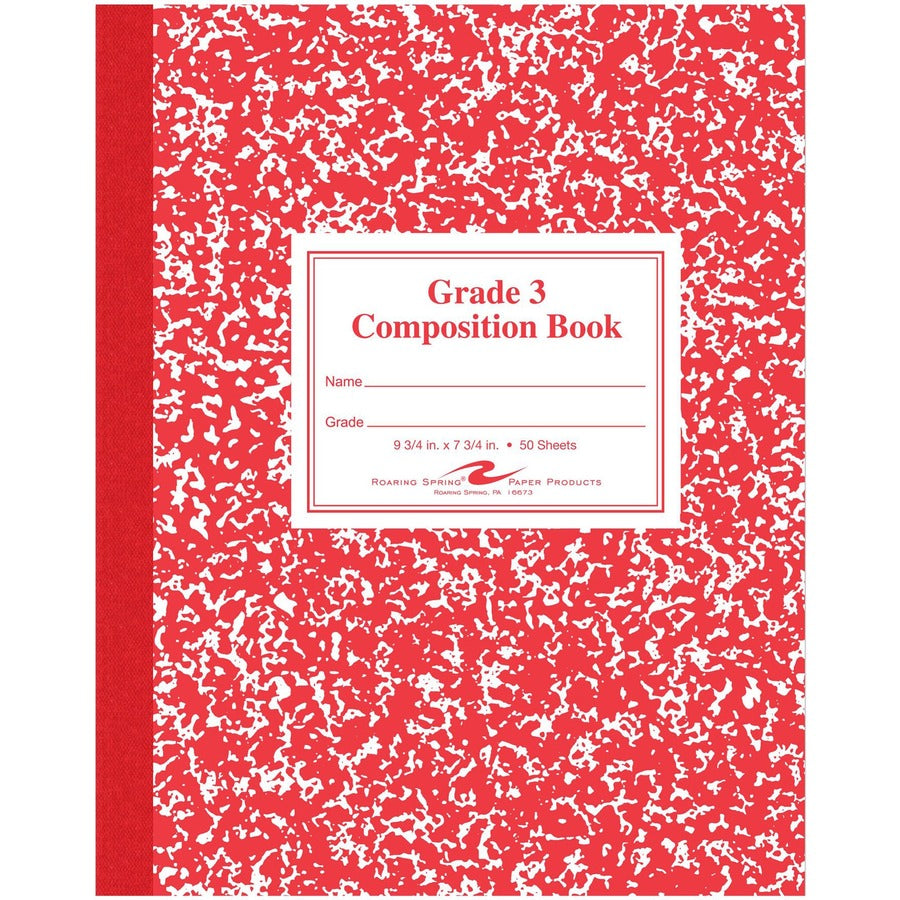 Roaring Spring Grade School Ruled Marble Flexible Cover Composition Book - 50 Sheets - 100 Pages - Printed - Sewn/Tapebound - Both Side Ruling Surface - Grade Three Ruling Front Ruling - 0.50" Ruled - Red Margin - 15 lb Basis Weight - 56 g/m², Gram...