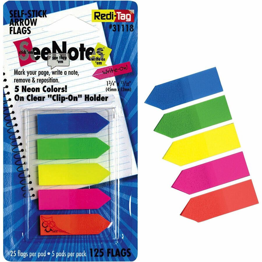 Redi-Tag Plain Write-on Arrow Flags in Holder - 25 x Neon Blue, 25 x Lime, 25 x Lemon, 25 x Pink, 25 x Tangerine - 29/64" Flag/Note Width x 1 3/4" Flag/Note Length - Arrow - Assorted - Removable, See-through, Self-adhesive - Dispenser Included - 50 / Pack