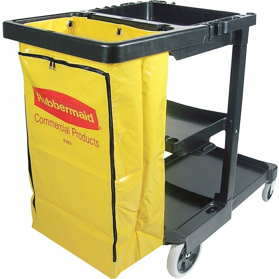 Rubbermaid Commercial Janitor Cart With Zipper Yellow Vinyl Bag - 3 Shelf - 4" , 8" Caster Size - 21.75" Width x 46" Depth x 38.38" Height - Black - 1 Each