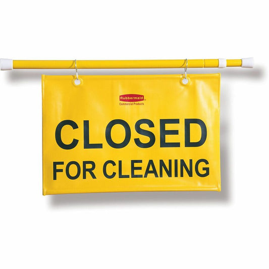 Rubbermaid Commercial Closed For Cleaning Safety Sign - Multilingual - Print/Message "Closed for Cleaning" - 50" Width x 13" Height - Rectangular Shape - Durable, Grommet - Yellow - 1 Each