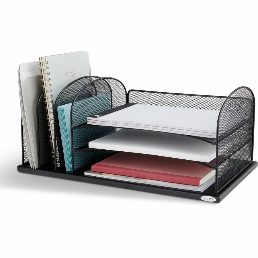 Safco Onyx 3 Tray/3 Upright Section Desk Organizer - 5 Compartment(s) - 8.25" Height x 19.50" Width x 11.50" Depth - Desktop - Powder Coated - Black - Steel - 1 Each