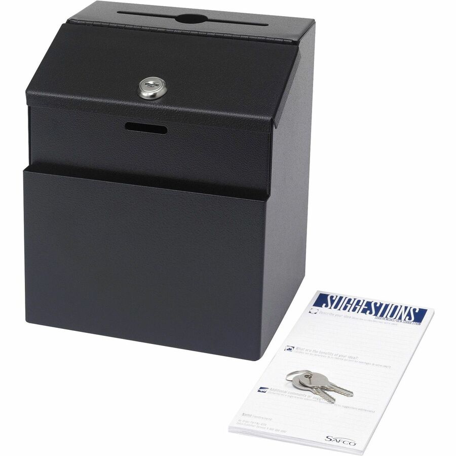 Safco Steel Suggestion Box - External Dimensions: 7.2" Width x 6" Depth x 8.5" Height - 25 x Card - Key Lock Closure - Steel - Black - 1 Each
