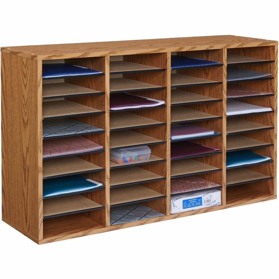 Safco Adjustable Shelves Literature Organizers - 36 Compartment(s) - 36 Shelf(ves) - Compartment Size : 2.50" x 9" x 11.50" - 24" Height x 39.30" Width x 11.75" Depth - Adjustable Compartment, Adjustable Shelf - Laminate - Oak, Black - Wood, Fiberboard...