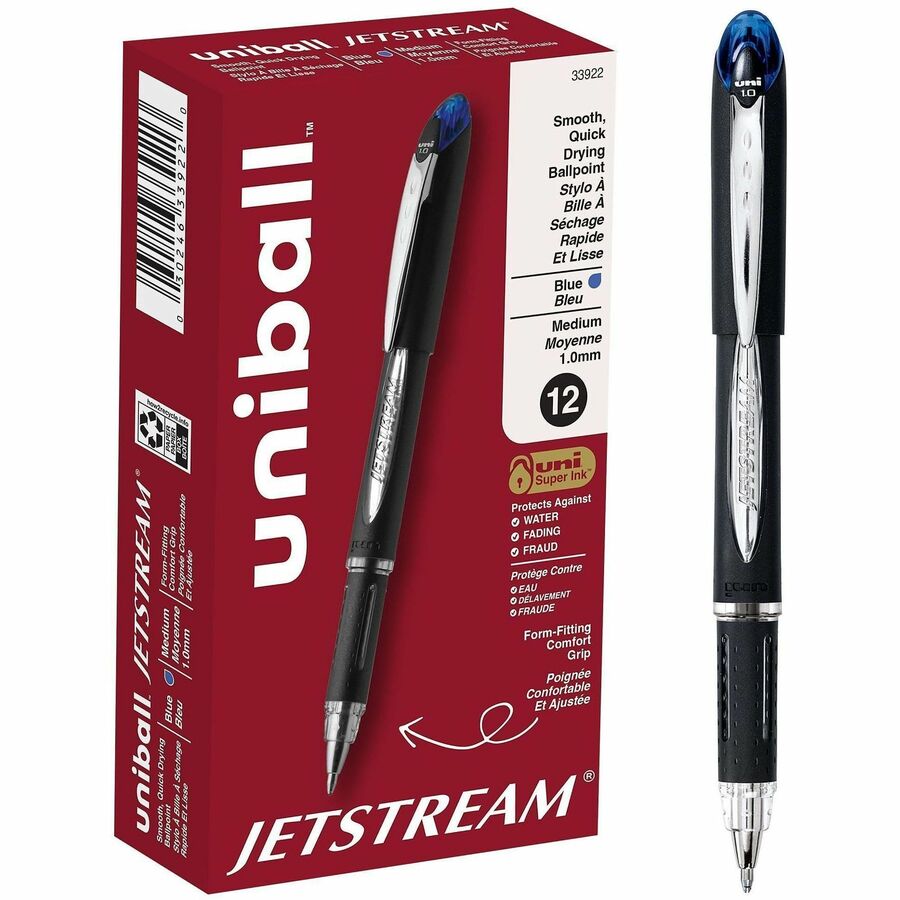 uniball™, Jetstream Ballpoint Pens - Blue Ink - Pigment-based - Black Stainless Steel Barrel - 12 / Dozen