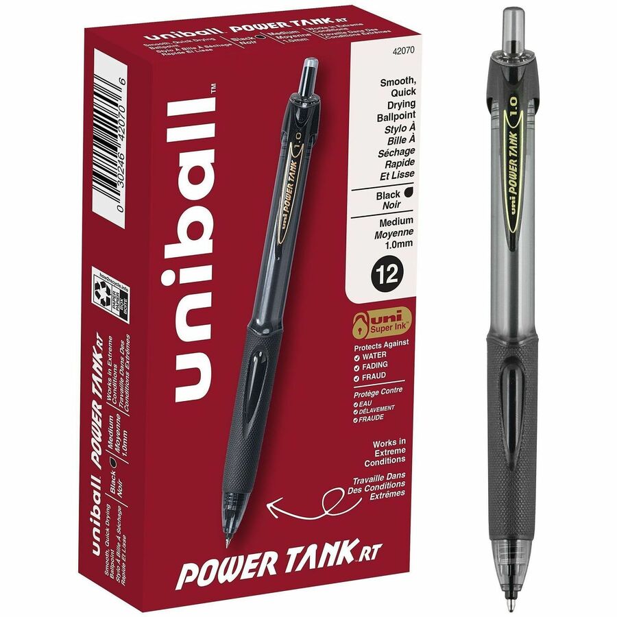 uniball™, Power Tank Retractable Ballpoint Pens - Refillable - Retractable - Black Ink - Black Barrel - 12 / Dozen