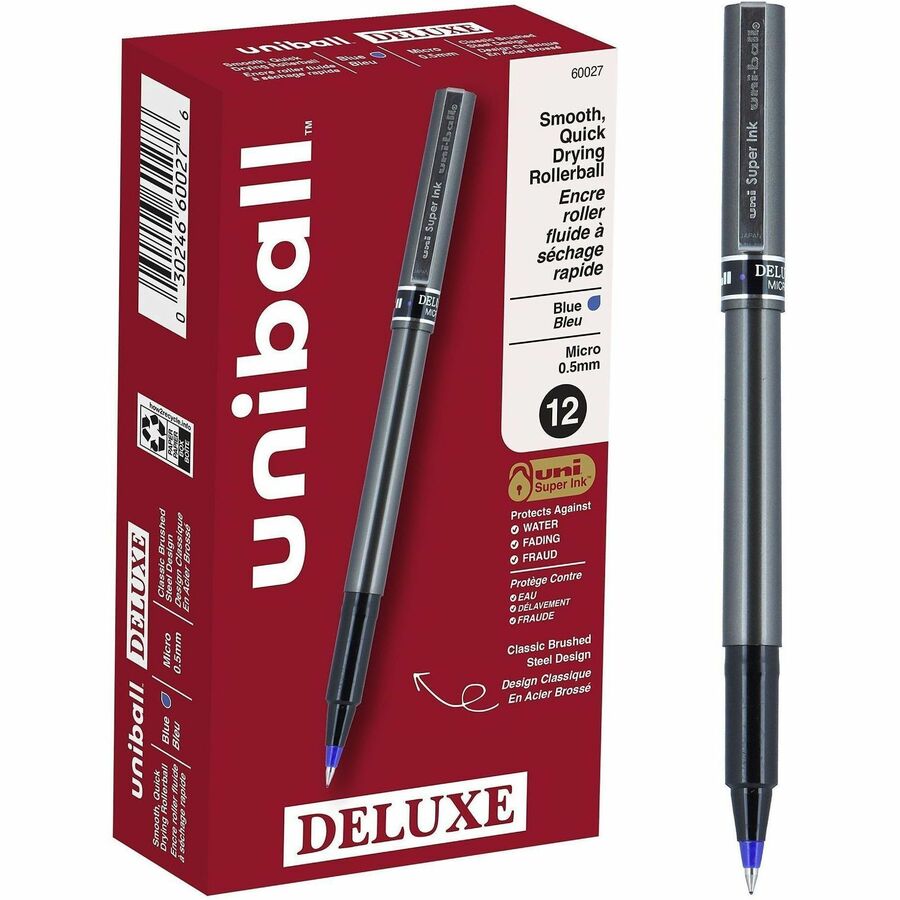 uniball™, Deluxe Rollerball Pens - Blue Ink - Gray Barrel - 12 / Dozen