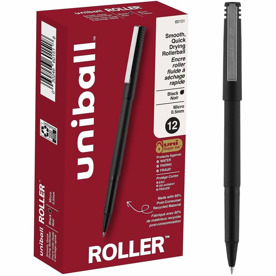 uniball™, Roller Rollerball Pen - Black Ink - Water Based - Black Stainless Steel Barrel - 12 / Dozen