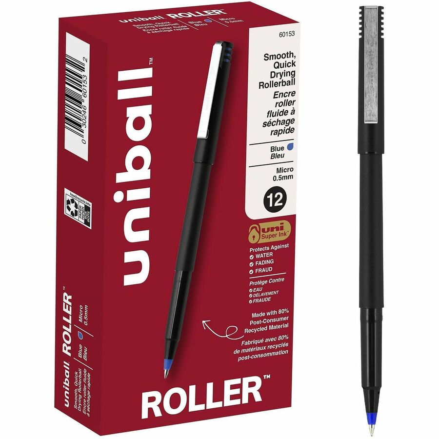uniball™, Roller Rollerball Pen - Blue Ink - Water Based - Black Stainless Steel Barrel - 12 / Dozen