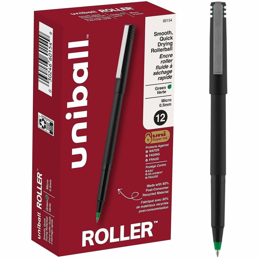 uniball™, Roller Rollerball Pen - Green Ink - Black Stainless Steel Barrel - 12 / Dozen