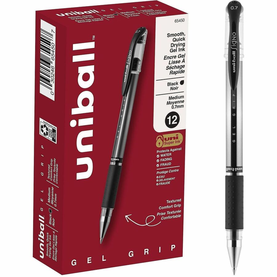 uniball™, Signo Gel Pen - Black Ink - Gel-based, Pigment-based - Stainless Steel Tip - Office, Home, Classroom, Writing, Document - 12 / Dozen