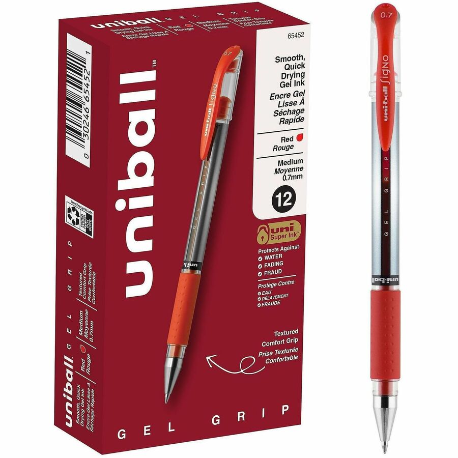 uniball™, GEL GRIP Gel Pens - Red Ink - Gel-based, Pigment-based - Stainless Steel Tip - Office, Home, Classroom, Document - 12 / Dozen