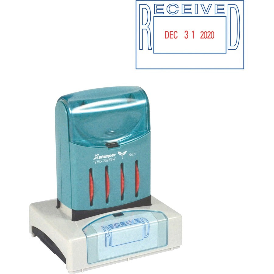 Xstamper VersaDater Pre-inked RECEIVED Date Stamp - Message/Date Stamp - RECEIVED - 1.31" Impression Width x 2.12" Impression Length - Blue, Red - 1 Each