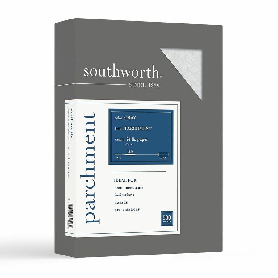 Southworth Parchment Specialty Paper - Gray - Letter - 8 1/2" x 11" - 24 lb Basis Weight - Parchment - Acid-free, Lignin-free - Gray - 1 Box