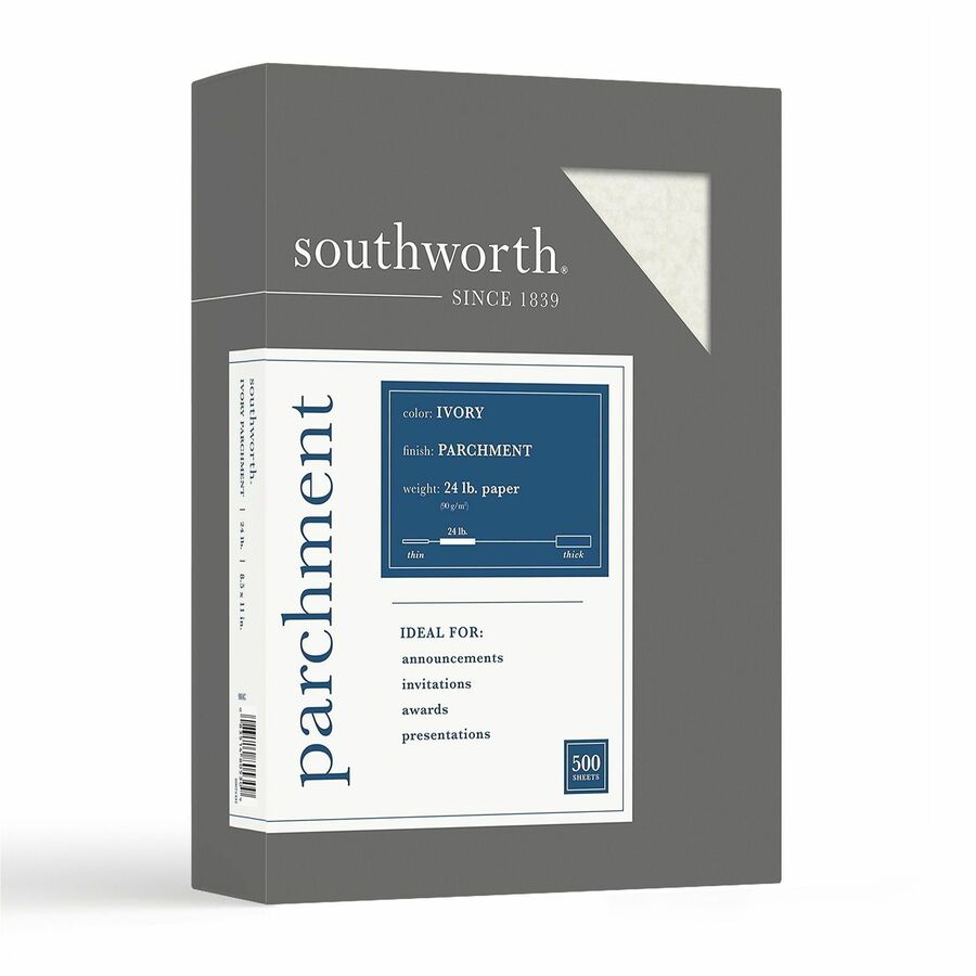 Southworth Parchment Specialty Paper - Ivory - Letter - 8 1/2" x 11" - 24 lb Basis Weight - Parchment - Acid-free, Lignin-free - Ivory - 1 Box