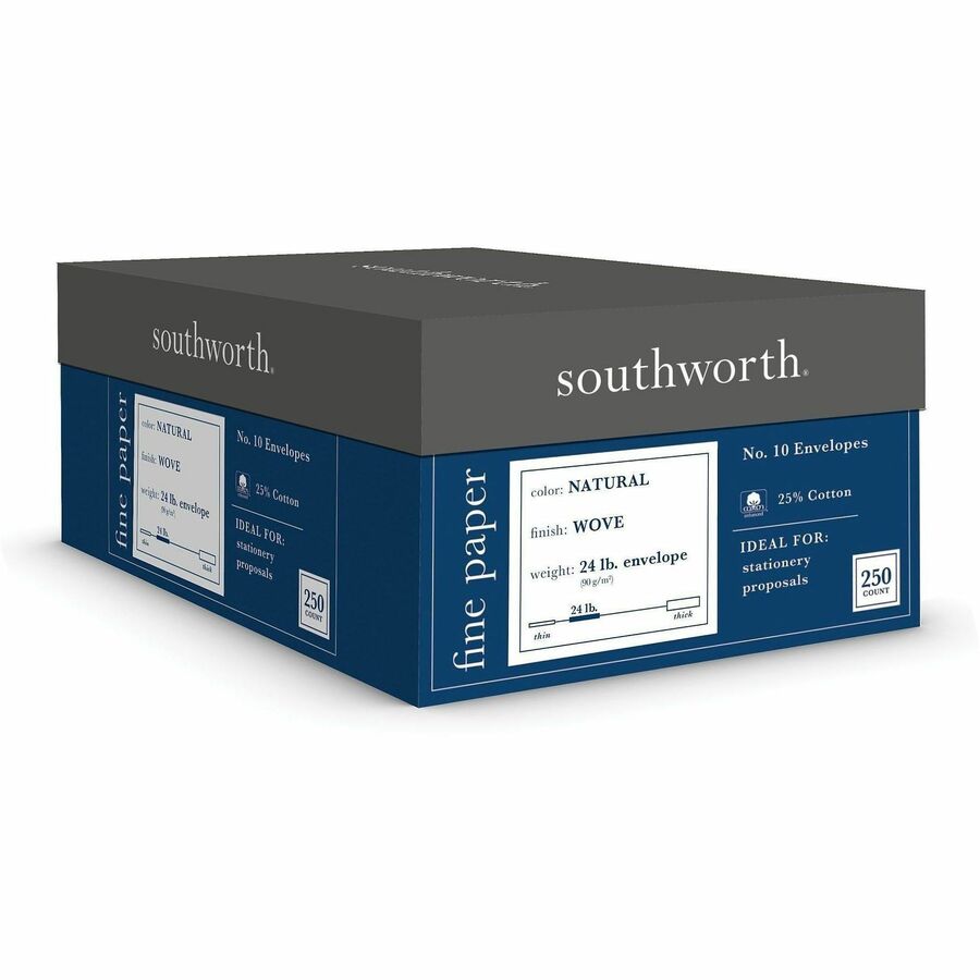Southworth 25% Cotton No. 10 Business Envelopes - Business - #10 - 4 1/8" Width x 9 1/2" Length - 24 lb - Gummed - Natural White (Ivory) - Cotton Fiber - 1 Box