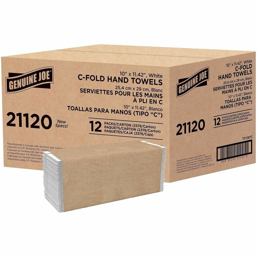 Genuine Joe Paper Towel C-fold 200 sheets White - 1 Ply - C-fold - 13" Width x 10" Length - embossed design - White - Fiber, Paper - 200 Sheets/Pack - 12 / Carton