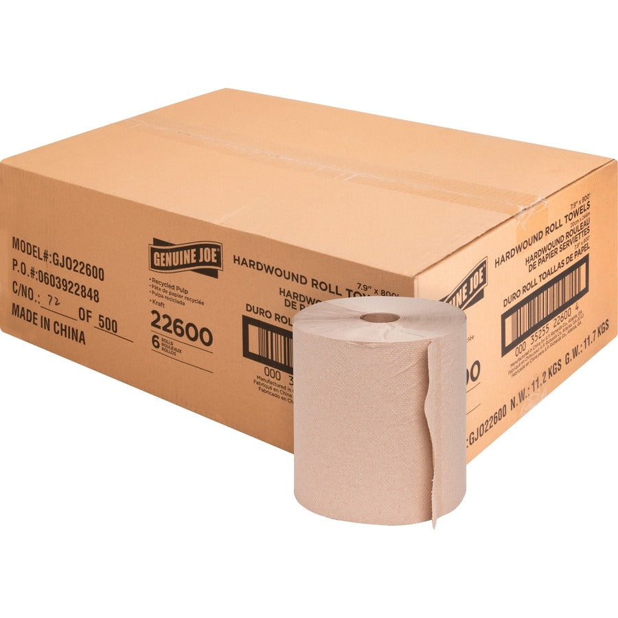 Genuine Joe Embossed Hardwound Roll Towels - 7.90" Width x 800 ft Length - 2" Core - Natural - 6 / Carton
