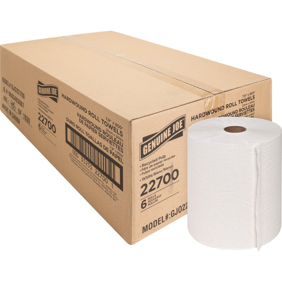 Genuine Joe Hardwound Roll Paper Towels - 7.90" Width x 800 ft Length - 2" Core - White - 6 / Carton