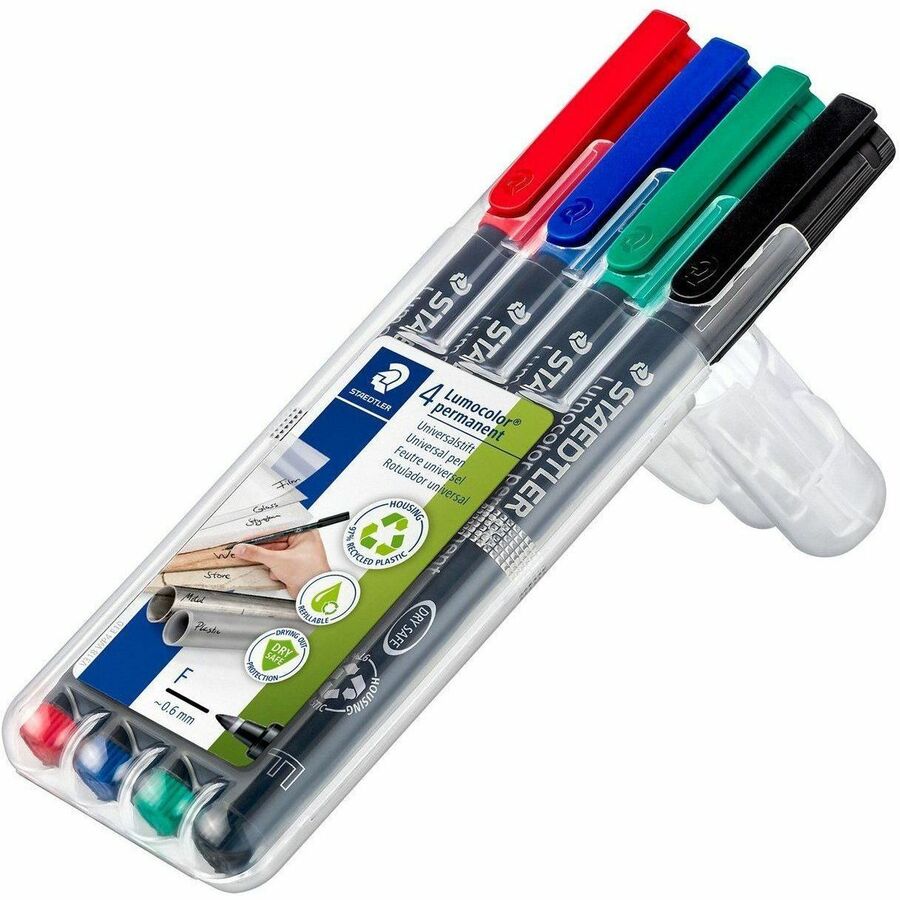 Lumocolor Permanent Pen 318 - Red, Blue, Green, Black Ink - Black Polypropylene Barrel - Writing - 4 / Set