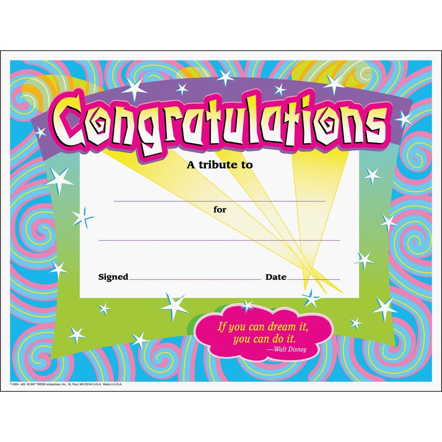 Trend Colourful Classics Congratulations Certificates - "Congratulations" - 8.5" Width x 11" Length - 30 / Pack