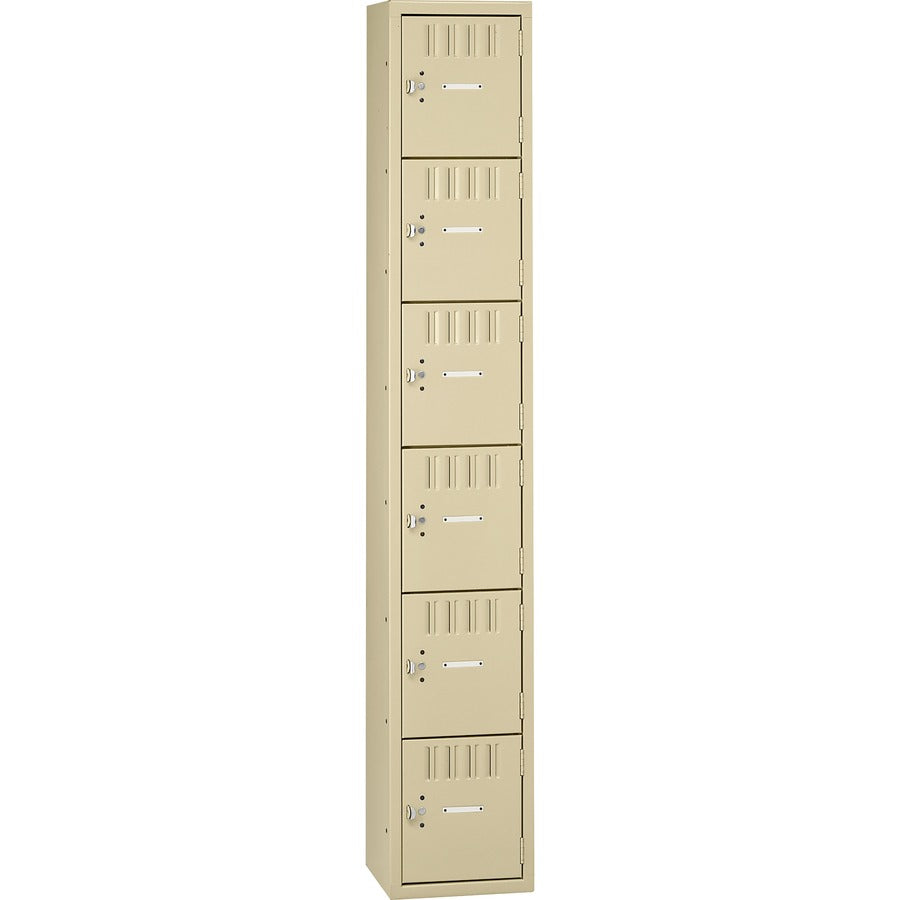 Tennsco 6-Tier No Legs Steel Box Lockers - Internal Size 12" Height x 12" Width x 18" Depth - Overall Size 72" Height x 12" Width x 18" Depth - Sand - Steel