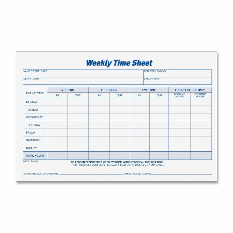 TOPS Weekly Timesheet Form - 100 Sheet(s) - 8.50" x 5.50" Sheet Size - White - White Sheet(s) - Blue Print Color - 1 Pack
