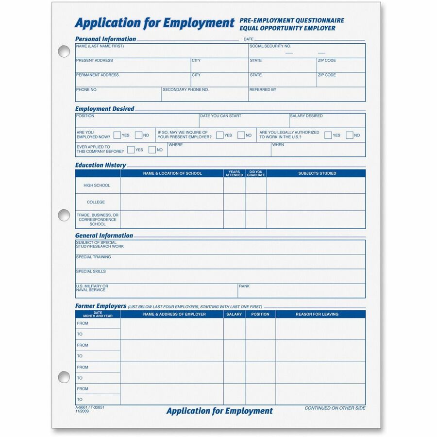 TOPS Employment Application Forms - 50 Sheet(s) - Gummed - 8.50" x 11" Sheet Size - White - White Sheet(s) - Black Print Color - 2 / Pack