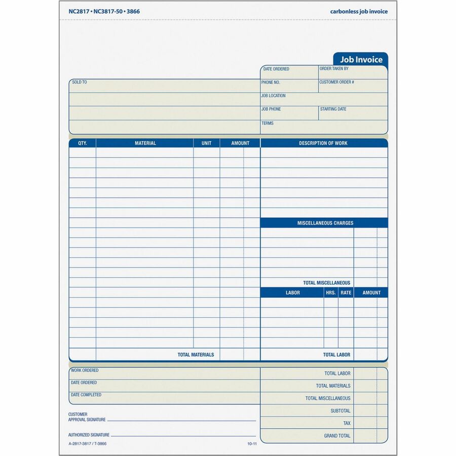 TOPS Three-part Carbonless Job Invoice Forms - 3 Part - Carbonless Copy - 8.50" x 11" Sheet Size - White, Canary, Manila - Assorted Sheet(s) - Blue Print Color - 1 Pack