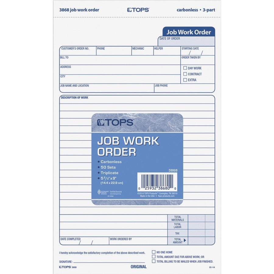 TOPS Carbonless 3-Part Job Work Order Forms - 3 Part - Carbonless Copy - 5.50" x 8.50" Sheet Size - Assorted Sheet(s) - Black Print Color - 1 Pack