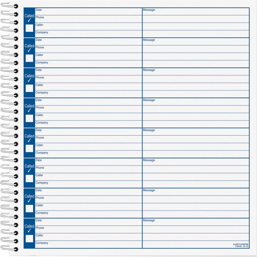 TOPS Spiral Bound Voice Message Log Book - 50 Sheet(s) - 8.25" x 8.50" Sheet Size - White - White Sheet(s) - 1 Each