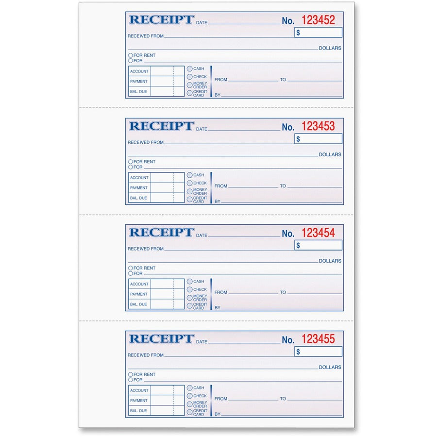 TOPS Money/Rent Receipt Book - 2 Part - Carbonless Copy - 2.75" x 7.25" Sheet Size - Assorted Sheet(s) - Blue Print Color - 1 Each