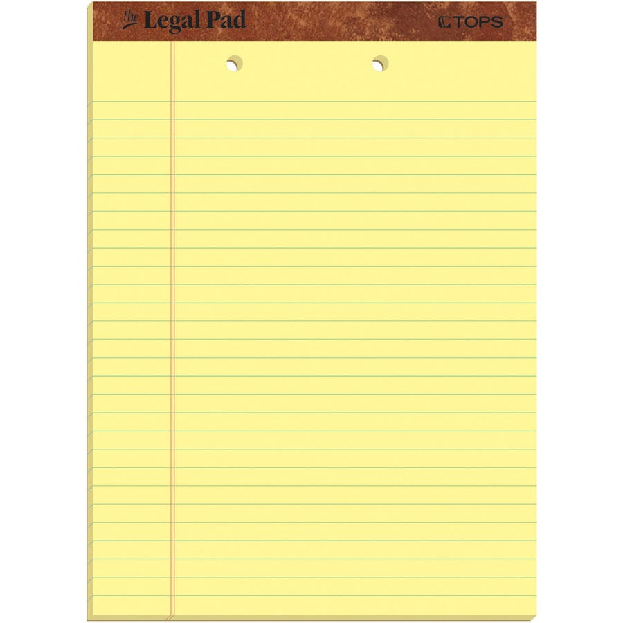 TOPS 2-Hole Top Punched Legal Pad - 50 Sheets - Double Stitched - 0.34" Ruled - 16 lb Basis Weight - 8 1/2" x 11 3/4" Sheet Size - Canary Paper - Perforated, Punched, Hard Cover, Heavyweight - 12 / Dozen