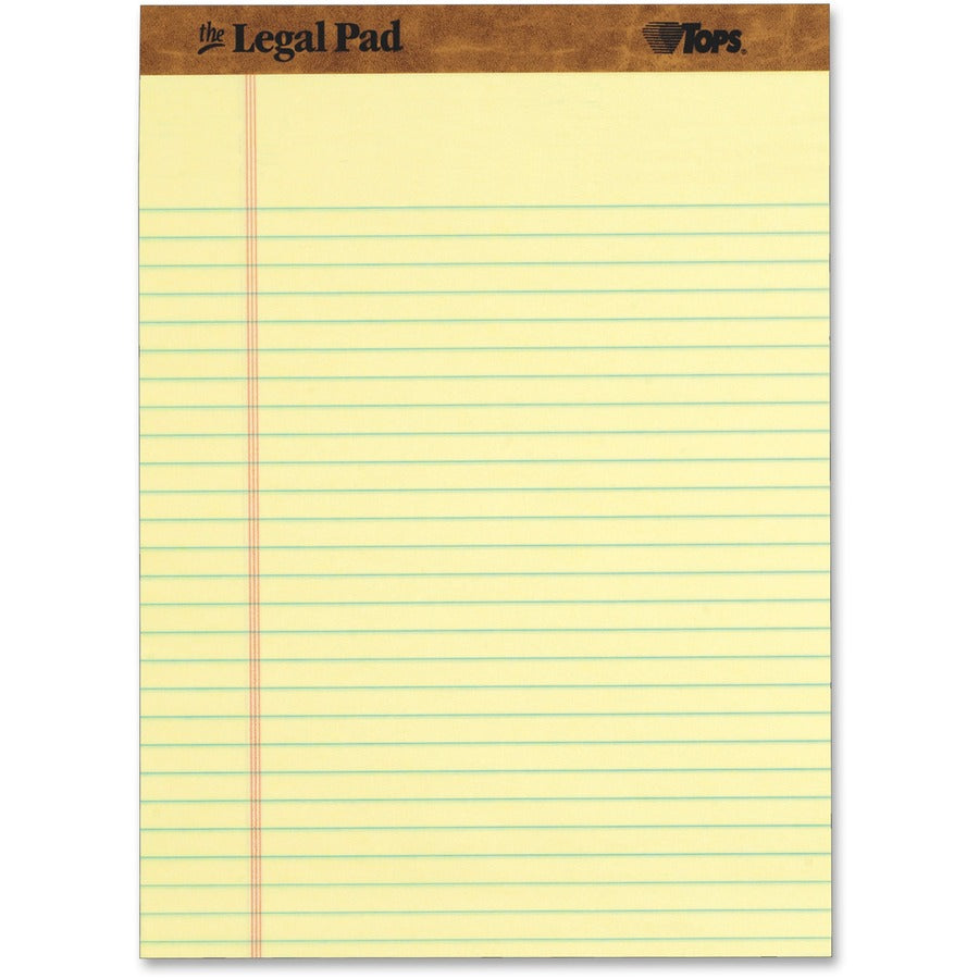TOPS Letr-trim Perforated Legal Pads - 50 Sheets - Double Stitched - 0.34" Ruled - 16 lb Basis Weight - 8 1/2" x 11 3/4" Sheet Size - Canary Paper - Perforated, Hard Cover - 12 / Dozen