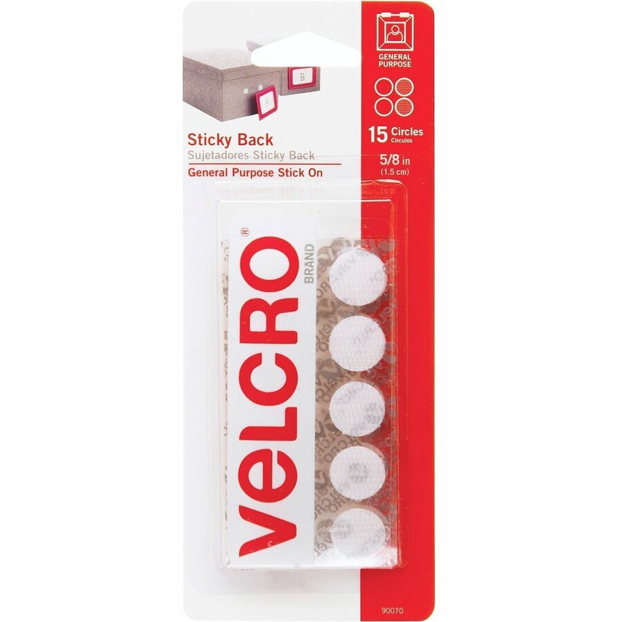 VELCRO&reg, Sticky Back 5/8in Circles White 15 Ct - 0.62" Length x 0.62" Width - White - For Glass, Plastic, Metal, Smooth Surface, Indoor, Outdoor, Home, Office, School - 1 Pack