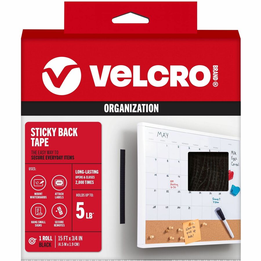 VELCRO&reg, Sticky Back 15ft x 3/4in Roll Black - 15 ft Length x 0.75" Width - Black - For Mount Picture/Poster, Home, School, Wall, Glass, Plastic - 1 Roll