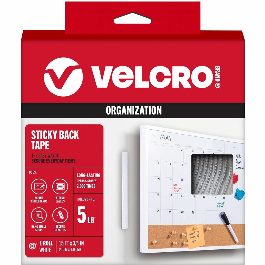 VELCRO&reg, Sticky Back 15ft x 3/4in Roll White - 15 ft Length x 0.75" Width - White - For Mount Picture/Poster, Multi Surface, Smooth Surface, Indoor, Outdoor, Home, School, Office - 1 Roll