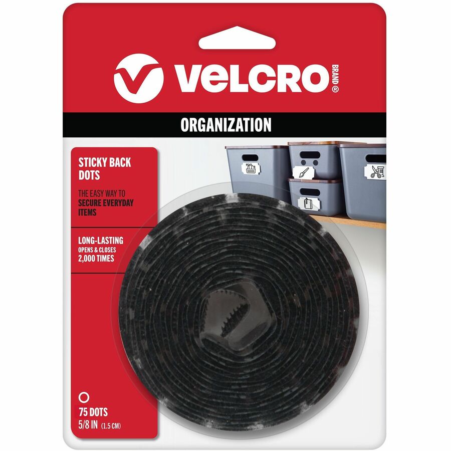 VELCRO&reg, Sticky Back 5/8in Circles Black 75 ct - 0.62" Diameter - Black - For Mounting, Multi Surface, Smooth Surface, Hanging, Indoor, Outdoor, Metal, Glass - 50 / Pack