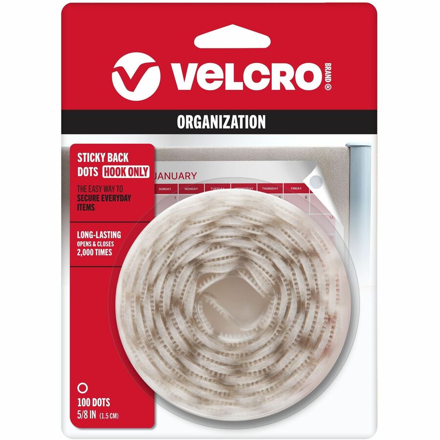 VELCRO&reg, Sticky Back 5/8in Circles White 100 ct - 0.63" Diameter - White - For Mounting, Multi Surface, Glass, Tile, Plastic, Metal, School, Office, Home - 100 / Pack