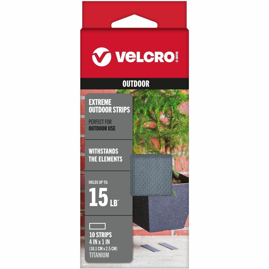 VELCRO&reg, Extreme Outdoor 4in x 1in Strips Titanium 10 ct - 4" Length x 1" Width - Titanium - Polyester - Water Resistant, UV Resistant, Weather Resistant - For Brick, Wood, Concrete, Outdoor, Rough Surface, Tools, Hanging, Storing, Mounting, Indoor...
