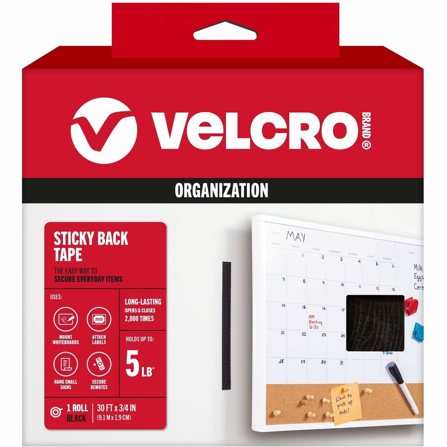 VELCRO&reg, Sticky Back 30ft x 3/4in Roll Black - 10 yd Length x 0.75" Width - Black - For Mount Picture/Poster, Multi Surface, Home, School, Office, Hanging Roll - 1 Roll