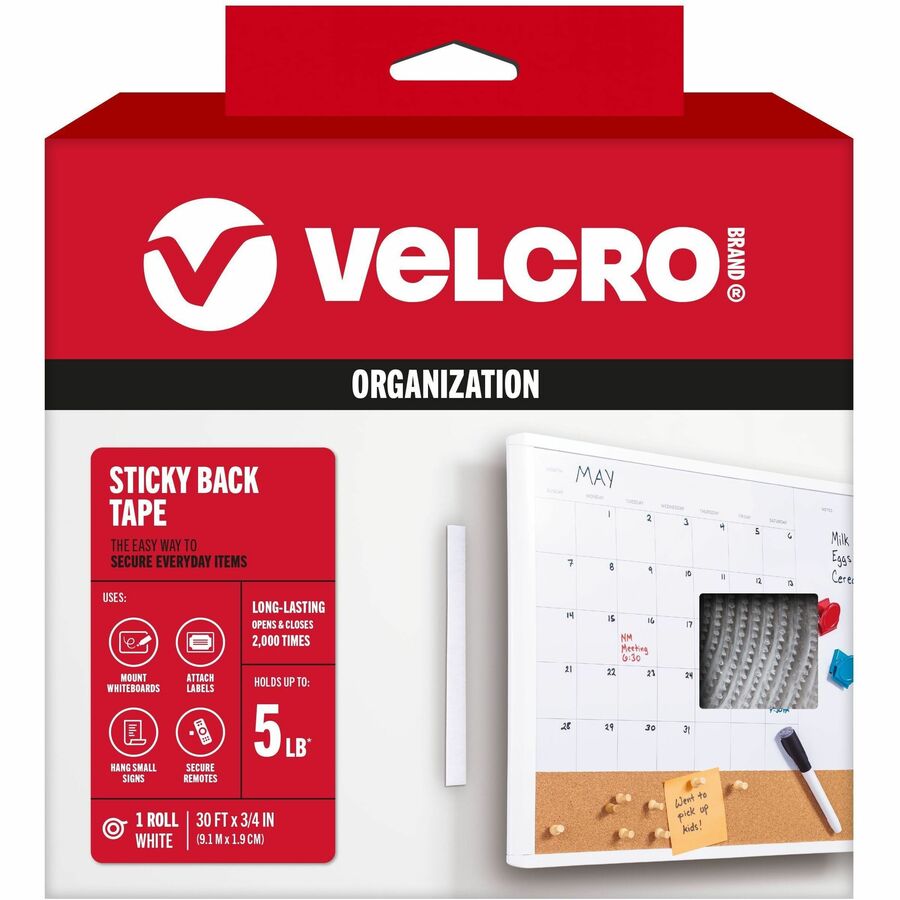 VELCRO&reg, Sticky Back 30ft x 3/4in Roll White - 10 yd Length x 0.75" Width - White - For Mount Picture/Poster, Multi Surface, Home, School, Office, Hanging Roll - 1 Roll