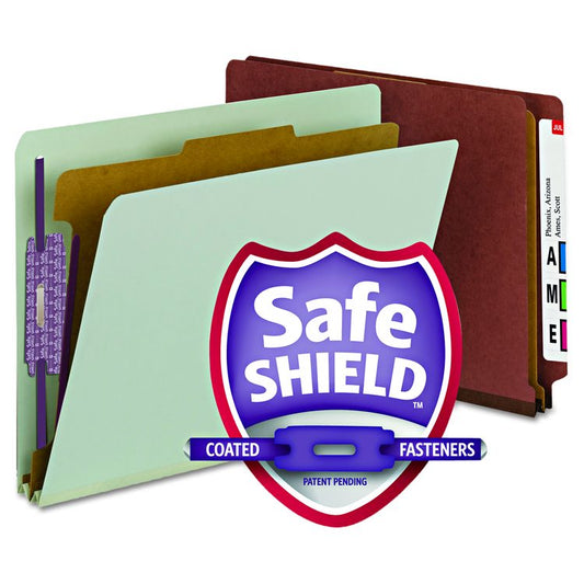 End Tab Pressboard Classification Folders, Expands 2", 1 Divider, 4 SafeSHIELD Fasteners, Letter Size, Red, 10/Box