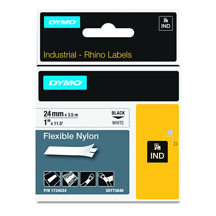 Rhino Flexible Nylon Industrial Label Tape, 1" x 11.5 ft, White/Black Print