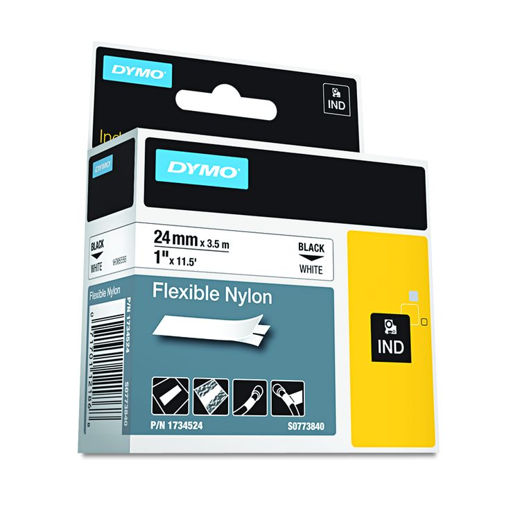 Rhino Flexible Nylon Industrial Label Tape, 1" x 11.5 ft, White/Black Print