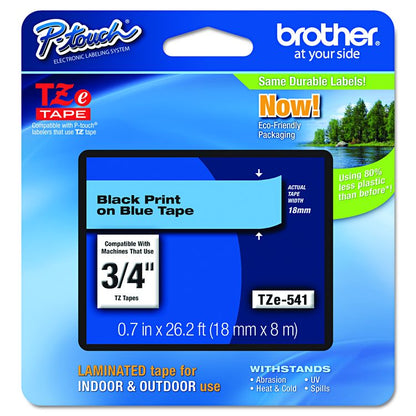 TZe Standard Adhesive Laminated Labeling Tape, 0.7" x 26.2 ft, Black on Blue