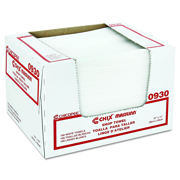 Masslinn Shop Towels, 1-Ply, 12 x 17, Unscented, White, 100/Pack, 12 Packs/Carton
