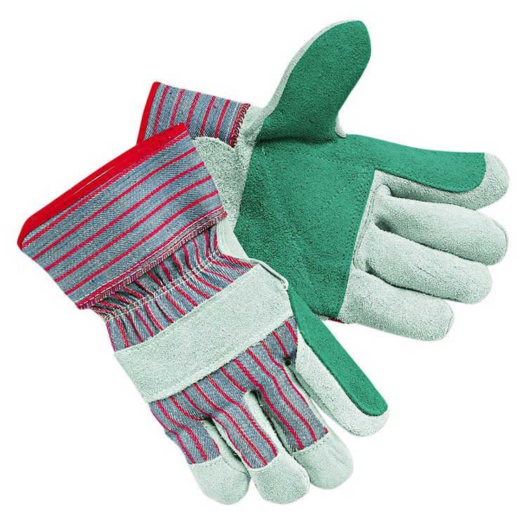 Men's Economy Leather Gloves, Jointed Double Leather Palm, Gunn Cut, Wing Thumb, Large, White/Red, 12 Pairs