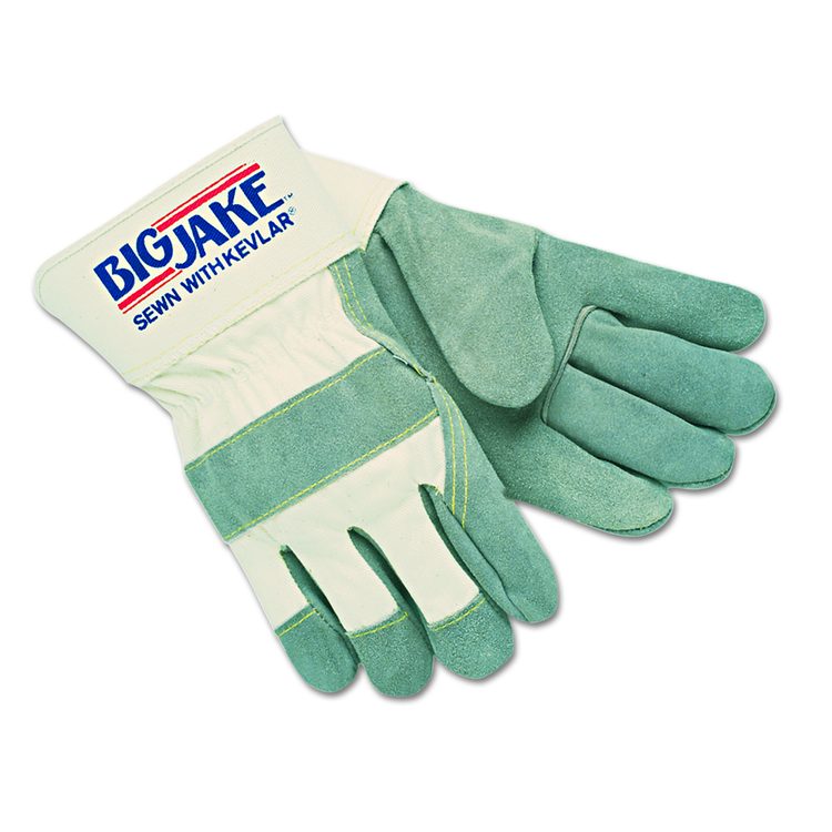 Big Jake Series Premium Leather Palm Work Gloves, EN388: 4243, Gunn Cut, Wing Thumb, 11" Long, Large, Natural/Gray, 12 Pairs