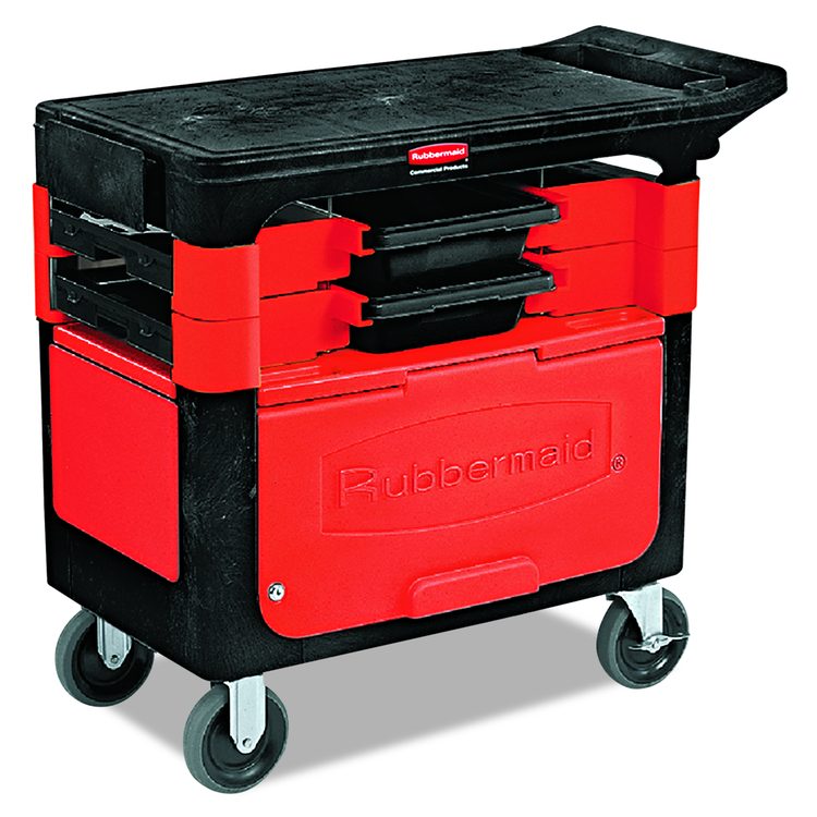 Trades Cart with Locking Storage Area, Plastic, 2 Shelves, 2 Drawers, 330 lb Capacity, 19.25" x 38" x 33.38", Black