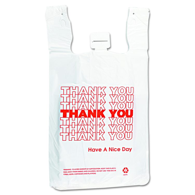 HDPE T-Shirt Bags, Thank You - Have a Nice Day Labeling, Cut-Out Handles, 12" x 7" x 23", White/Red, 500/Carton